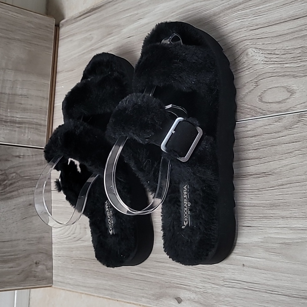 Koolaburra by UGG Fur-ah Black Faux Fur Slide Sandals Women’s Size 7 Buckle - Picture 3 of 10